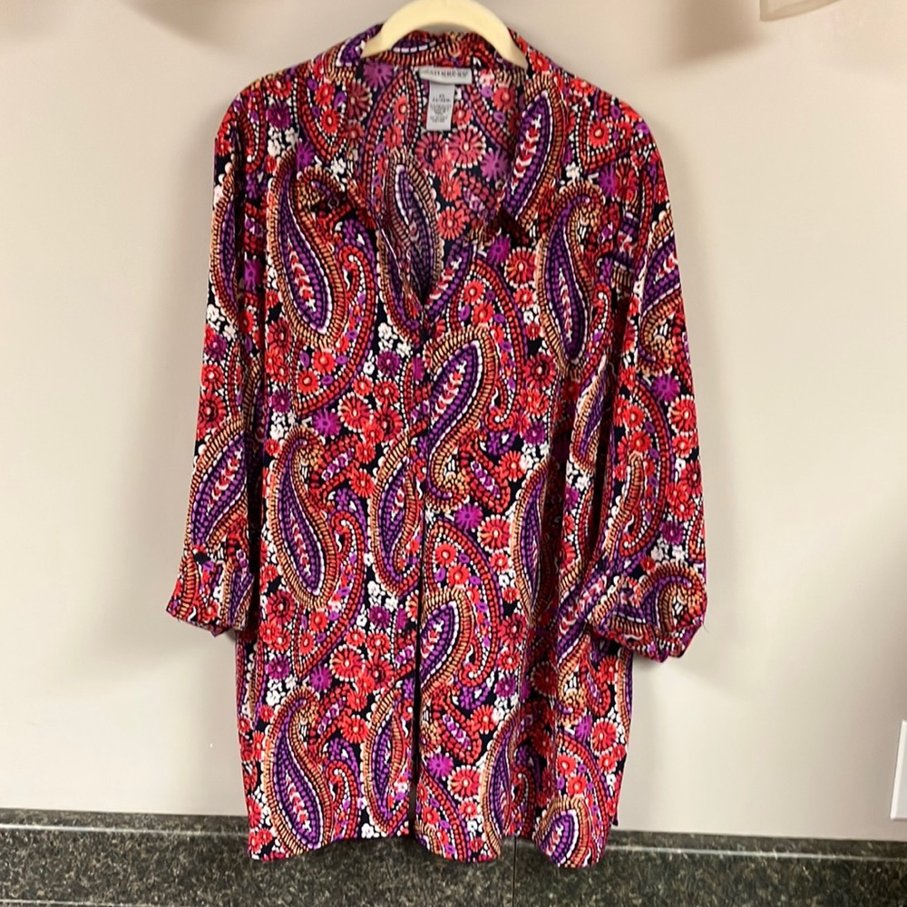 Catherines floral paisley print button front blouse 3/4 sleeve 2x 22w 24w